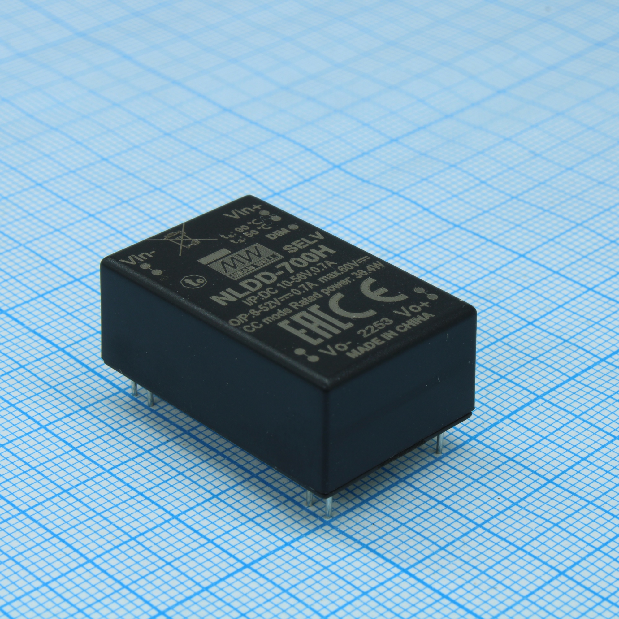 NLDD-700H - DC/DC LED понижающий, вход 10…56В, выход 6…52В/0.7А, КПД до 96%, вход On/Off/DIMM, 32.1x20.5x12.5мм, в плату, -40…50°C, пластик