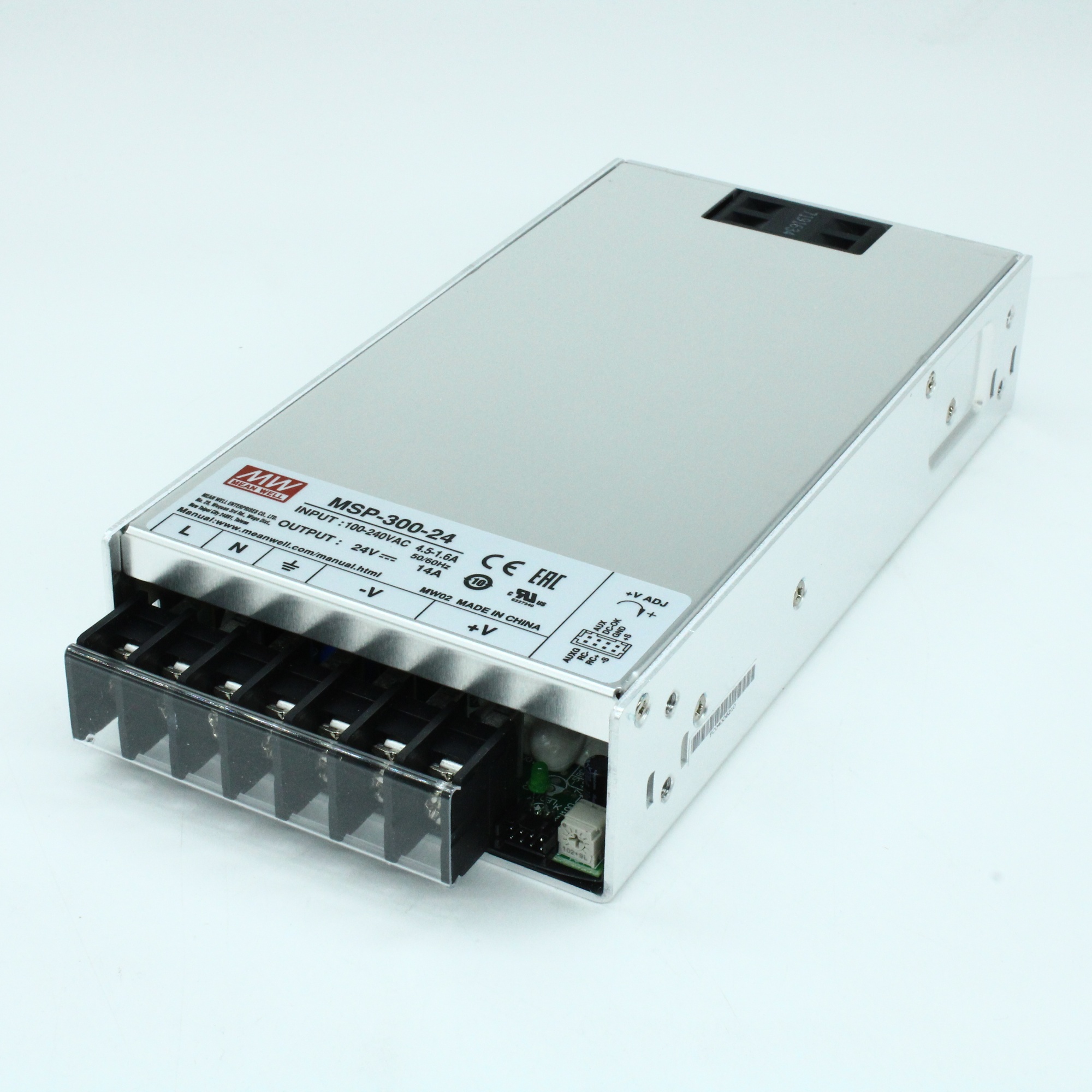 MSP-300-24 - AC-DC, med, ККМ, 336Вт, вход 85…264В AC, 47…63Гц /120…370В DC, выход 24В/14A,  рег. вых 21.6…28.8В, изоляция 4000В AC, в кожухе 199х105х41мм, -40…+70°С, доп. выход 5В/0.3А