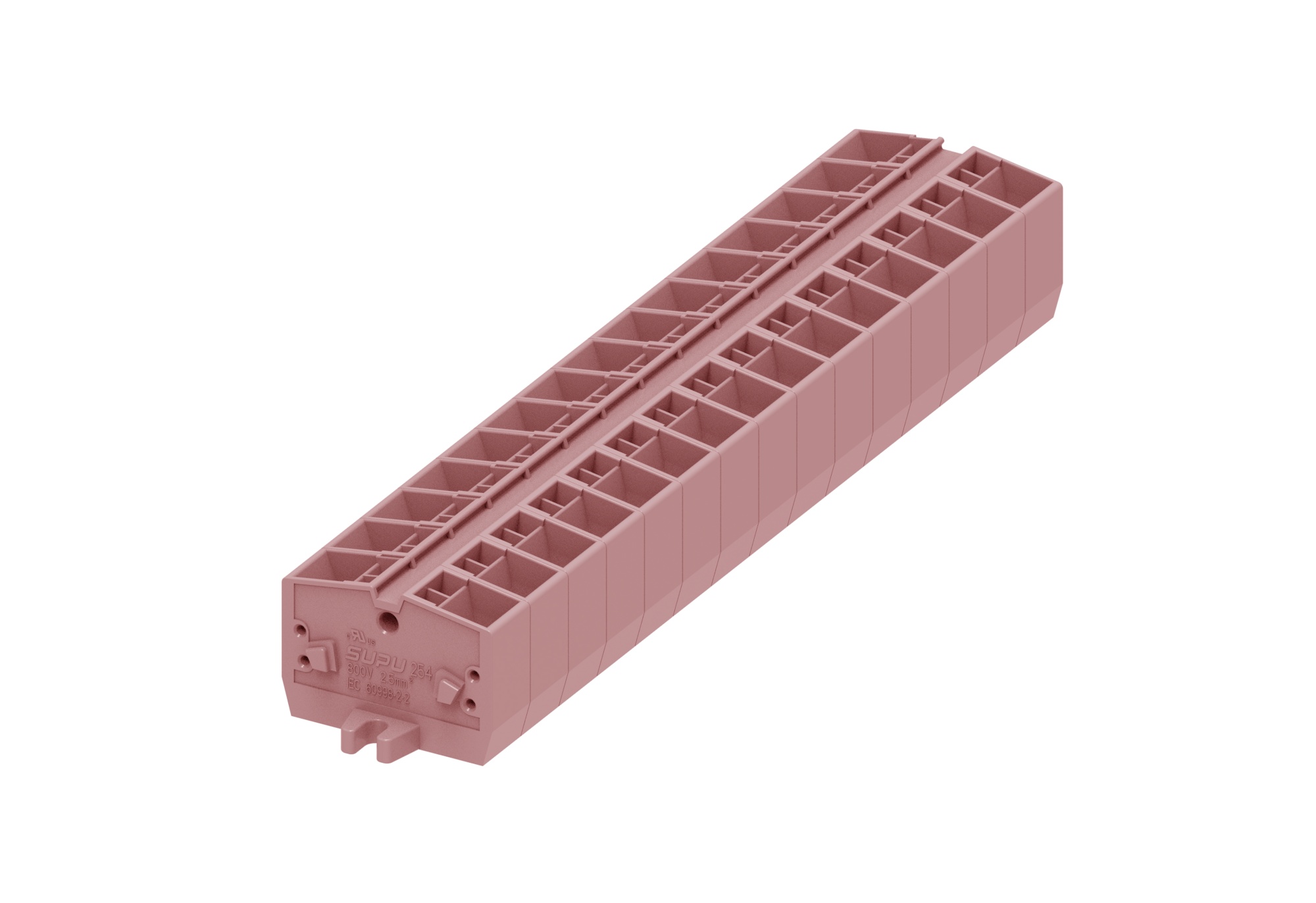 Клемма мини 254339 - Мини клемма, верхний подвод кабеля, 4 точки подключения в клемме, тип фиксации провода: пружинный, номинальное сечение: 2,5 мм кв., 24A, 800V, цвет: розовый, тип монтажа: монтажные фланцы