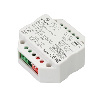 Диммер SMART-D12-DIM-PUSH-VR (12-48V, 1x6A, 2.4G) 028290 - Диммер для монохромной светодиодной ленты (ШИМ) с функцией Push-Dim. Изменяемая частота ШИМ (250Hz-8KHz), выбор типа диммирования (линейное либо логарифмическое). Питание/рабочее напряжение 12-48V