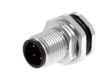 Вилочный разъем в панель M12A04C-MPSRHUR - Вилочный разъем в панель, 4 полюса, M12, гайка спереди, вывод под пайку, A-Code, 4А, 250V, резьба на гайке M16*1.5, резьбовое соединение: латунь, неэкранированный