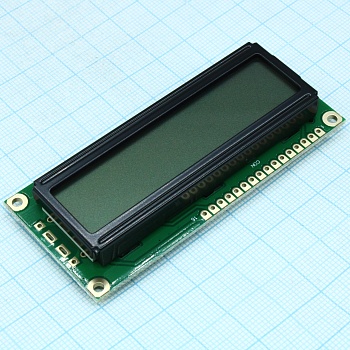 WH1601A-YGH-CTK# - ЖКИ знакосинтезирующий 16 x 1, STN Серый Позитивный/прозрачно-отражающий светодиодная подсветка желто-зеленая размеры 80x36 мм, видимая область 66x16 мм, -20...70°C, контактные площадки сверху 15 выводов