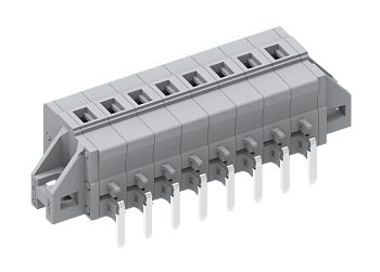 Розеточный разъем на плату 450434/010 - Клемма, горизонтальный, подвод кабеля, на плату, шаг: 5.0 мм, 4 полюса, фиксация провода пружинная, исполнение: с монтажными фланцами, 320V, 12A, цвет: серый