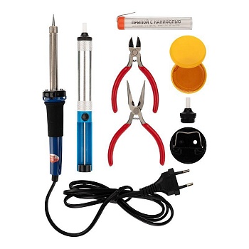 Набор для пайки REXANT -13 - паяльник 30Вт, подставка, канифоль, припой, бокорезы, тонкогубцы