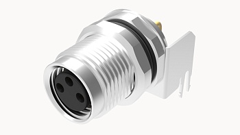 Розеточный разъем SRSH-M8A-06P-FF-SF7001 - Розеточный разъем для монтажа на печатную плату, 6 полюсов, M8, гайка спереди, угол 180 град., фиксация провода пайкой, A-Code, 1.5А, 30V, M10*0.75, металл