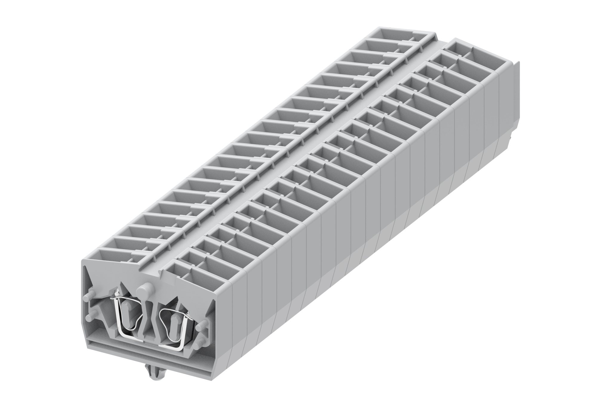 Клемма мини 254313 - Мини клемма, верхний подвод кабеля, 2 точки подключения в клемме, тип фиксации провода: пружинный, номинальное сечение: 2,5 мм кв., 24A, 800V, цвет: светло-серый, тип монтажа: защелки в панель