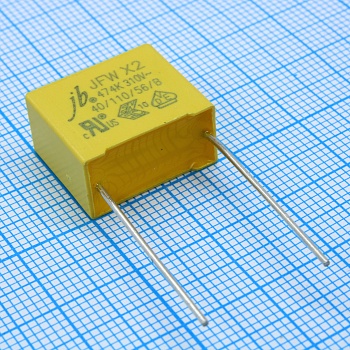 JFW0A9474K150000B - Конденсатор пленочный помехоподавляющий X2 0,47мкФ 310VAC ±10% 18х9.5х15.5мм радиальный 15мм 105°C россыпь