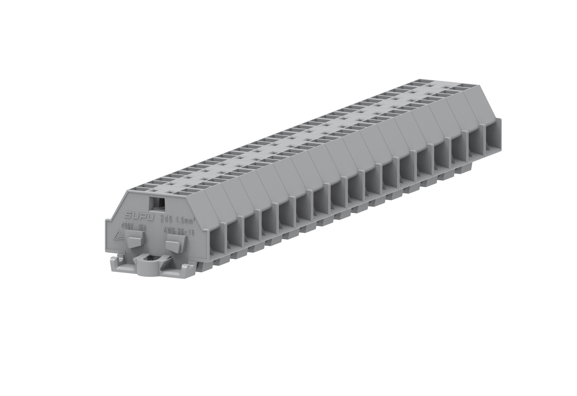 Клемма мини 240331 - Мини клемма, боковой подвод кабеля, 4 точки подключения в клемме, тип фиксации провода: пружинный, номинальное сечение: 1,5 мм кв., 18A, 400V, цвет: серый, тип монтажа: монтажные фланцы