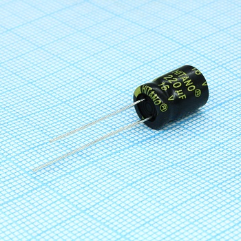 EXR221M16B - Конденсатор алюминиевый электролитический 220мкФ 16В ±20% (8 X 12мм) радиальный 3.5мм 0.25Ом 450мА 3000час 105°С россыпь