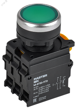 Кнопка с подсвет. и фикс. d=22мм 1NO+1NC зел-ная MASTER IEK MI-BT60-11TD-3-11-K06