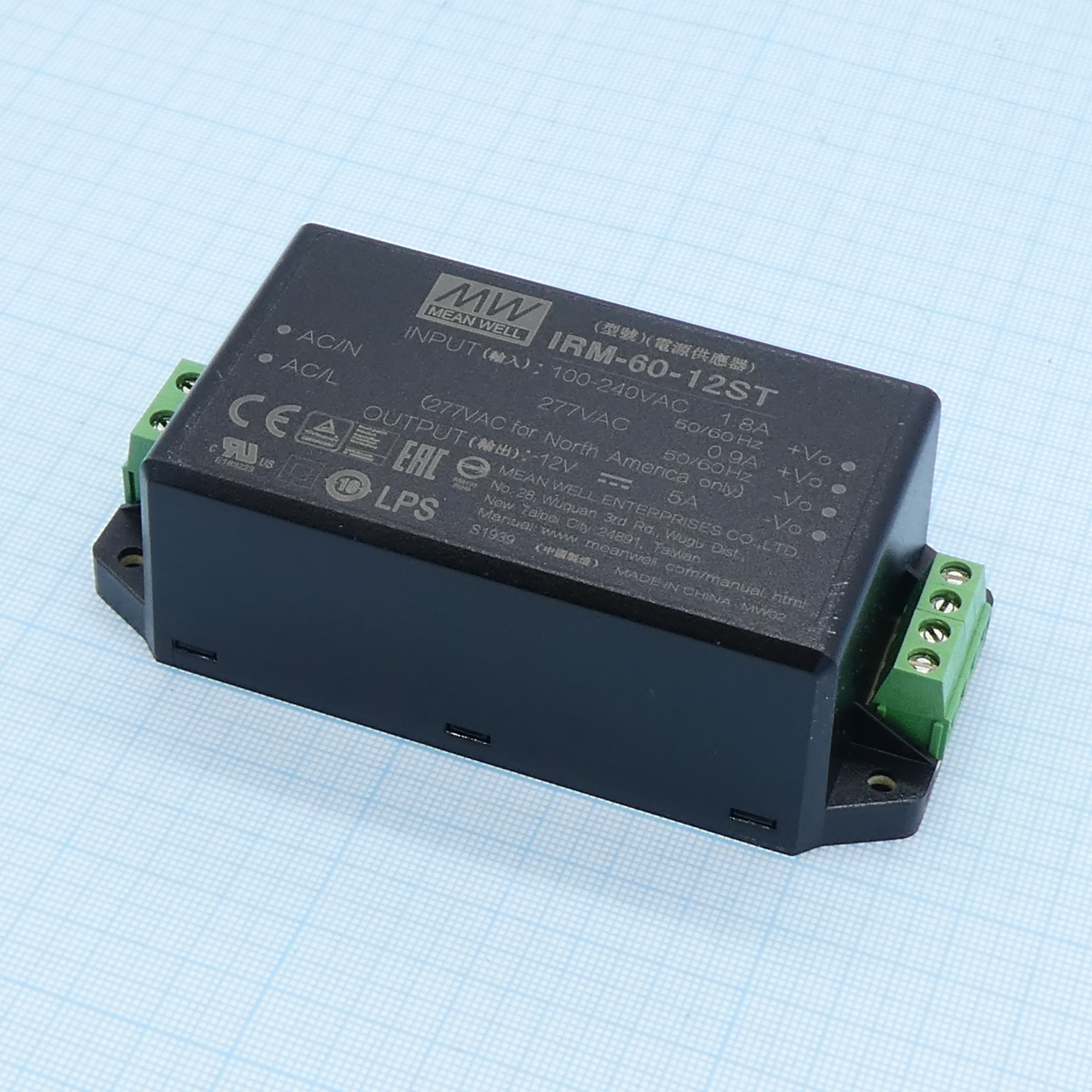 IRM-60-12ST - AC-DC, 60Вт, вход 85...264В AC 47...440 Гц, выход 12В/5А, изоляция 3000В AC, в корпусе на шасси, 109x52x33.5мм, -30...+70°C, винтовые зажимы