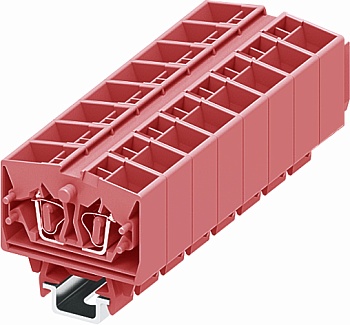 Клемма мини 254399 - Мини клемма, верхний подвод кабеля, 4 точки подключения в клемме, тип фиксации провода: пружинный, номинальное сечение: 2,5 мм кв., 24A, 800V, цвет: розовый, тип монтажа: DIN15