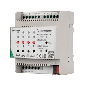 INTELLIGENT ARLIGHT Диммер KNX-204-DIM-DIN (12-48V, 8x0.35/4x0.7/2x1A) 025660 - Универсальный диммер стандарта KNX с токовым выходом для установки на DIN-рейку. Возможность ручного управления. Питание DC 12-48V, ток нагрузки 350/700/1000 mA на канал, 4/2/