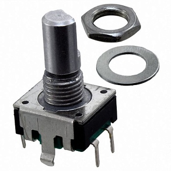 PEC11R-4215F-S0024 - Энкодер PEC11, 24 щелчка, 24 импульса, металлический вал с лыской 15мм, с кнопкой, горизонтальные выводы, крепление на гайку 7мм