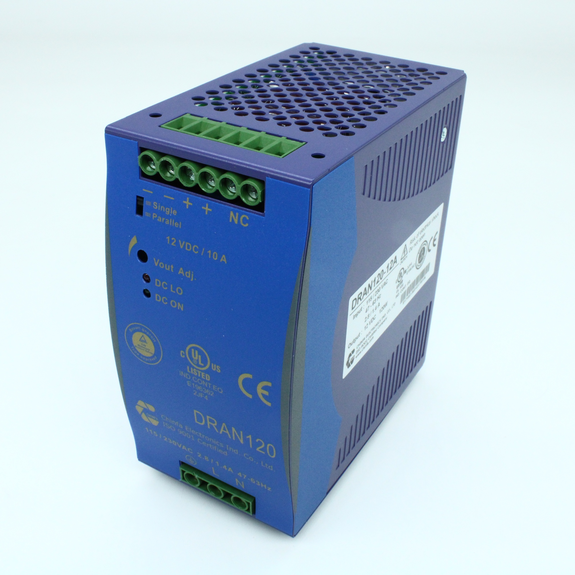 DRAN120-12A - Преобразователь AC-DC на DIN-рейку  120Вт, выход 12В/10A (рег. 11.4...14.5В), вход 186…264V AC, 47…63Гц / 210…370VDC, PFC+паралл., изоляция 3000V AC, : 126х114х64мм, винтовые клеммы, -35…+71°С