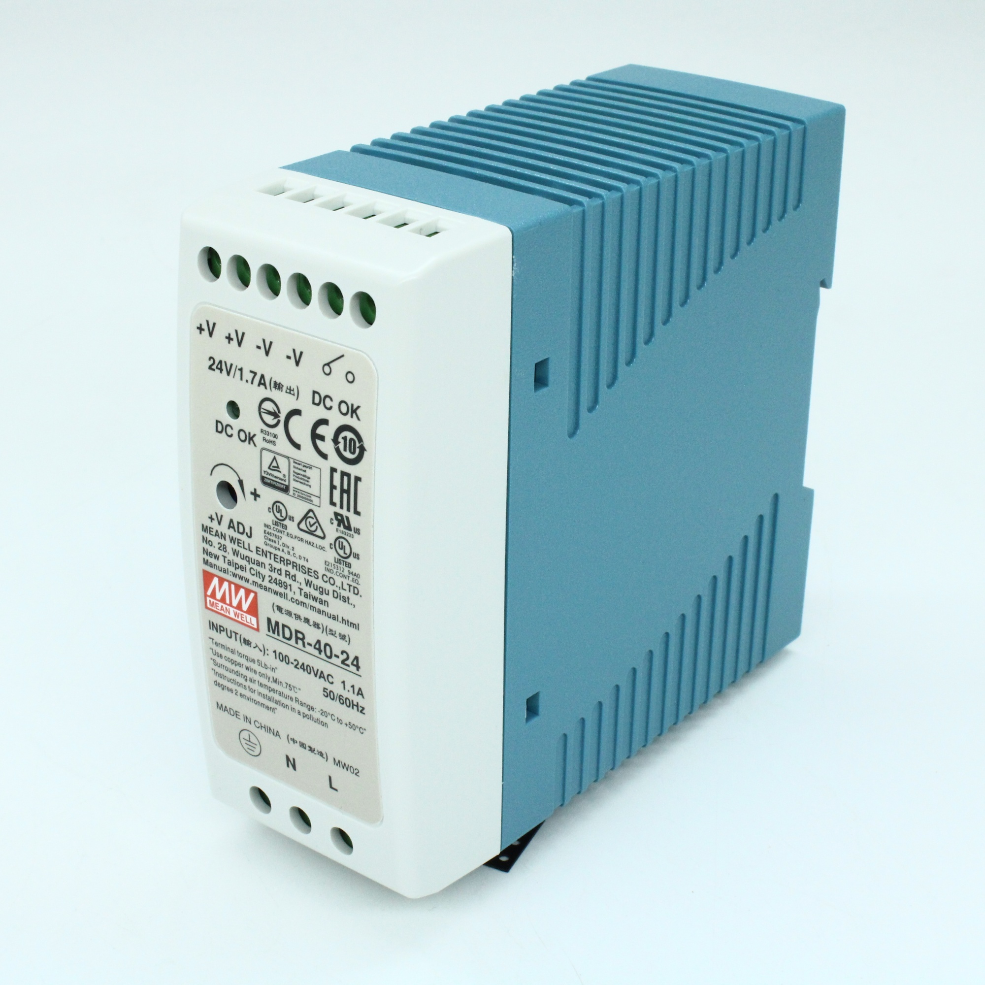 MDR-40-24 - Преобразователь AC-DC на DIN-рейку  40Вт, выход 24В/1,66A, рег. вых 24…30В, вход 85…264V AC, 47…63Гц /120…370В DC, изоляция 3000В AC, в кожухе  40х90х100мм, -20…+70°С