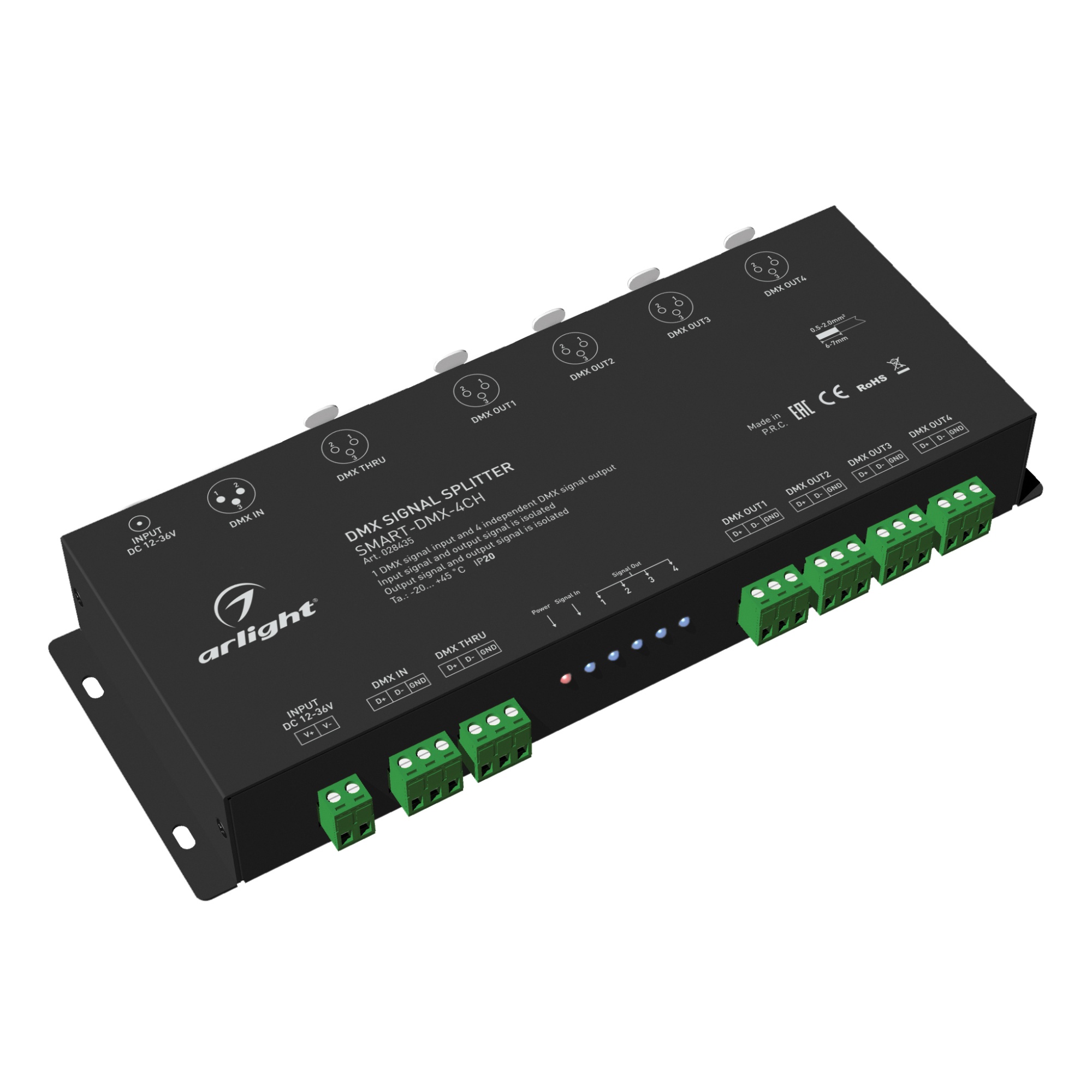 DMX-сплиттер SMART-DMX-4CH (12-36V, XLR3) 028435 - Сплиттер (усилитель) DMX512 сигнала. Вход - 1 порт DMX512, выход - 4 порта DMX512. Напряжение питания DC 12-36V, разъемы XLR3. Габариты 256х92х38 мм.