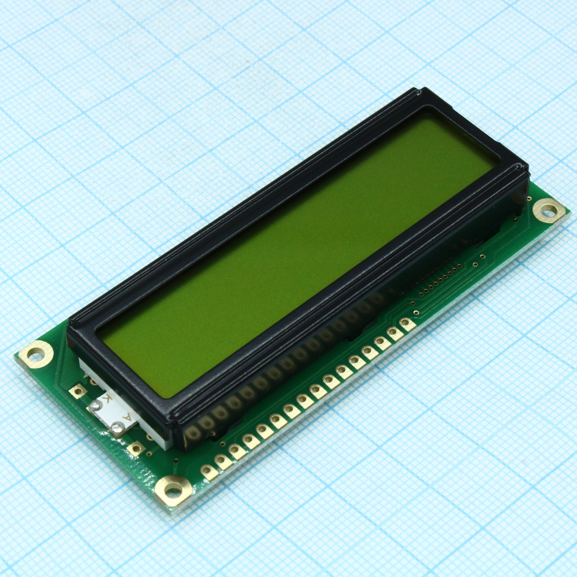 WH1602J-YYH-CTK# - ЖКИ знакосинтезирующий 16 x 2, STN Желто-зеленый Позитивный/прозрачный светодиодная подсветка желто-зеленая размеры 80x36 мм, видимая область 66x16 мм, -20...70°C, контактные площадки снизу 16 выводов