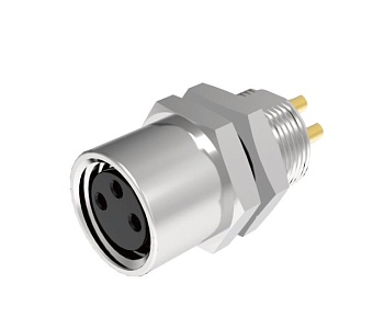 Розеточный разъем в панель M8A03C-FPSFHUA - Розеточный разъем в панель, 3 полюса, M8, гайка сзади, вывод под пайку, A-Code, 3А, 60V, резьба на гайке M8*0.5, резьбовое соединение: латунь, неэкранированный