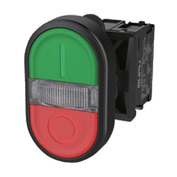 Кнопочный переключатель (зел/красн) TS2513-0LM21-R20 - Двухпозиционный кнопочный переключатель (плоский верх/плоский низ), плоский верх/плоский низ, LED AC/DC 24V, пластиковое переднее кольцо, с плавным нажатием, с контактной группой 2NO, размер головки к
