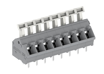 Клемма на плату 256304 - Клемма, подвод кабеля 45 град., на плату, шаг: 5.0 мм, 4 полюса, фиксация провода push-in, исполнение: два вывода на контакт, рычажный зажим, 320V, 24A, цвет: серый