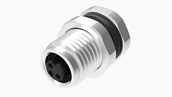 Розеточный разъем SP-M5A-04P-FF-SF7002 - Розеточный разъем в панель,4 полюса,M5 гайка спереди, монтаж на плату, 180 град., A-Code, 1A, 60V, M5*0.5, металл