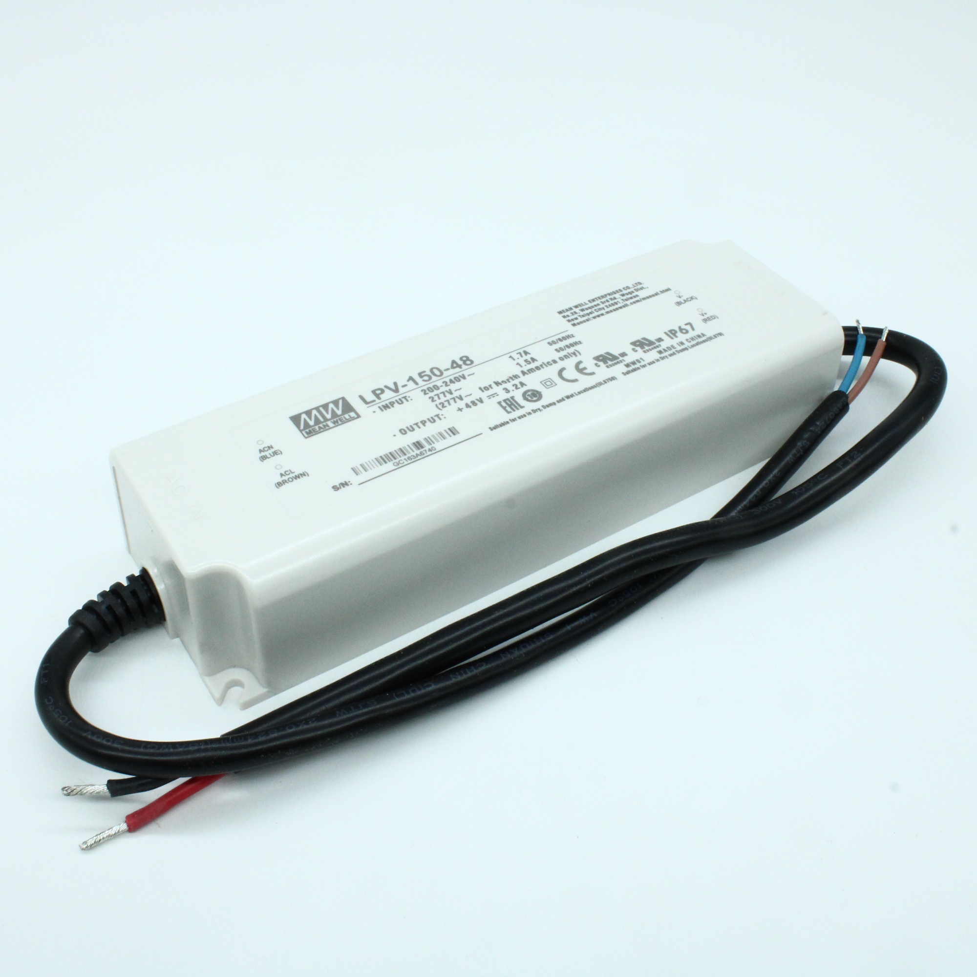 LPV-150-48 - AC-DC, 153.6Вт, IP67, вход 180…305В AC, 47…63Гц /254…431В DC выход 48В/3.2A, изоляция 3000В AC, в кожухе 191х63х37.5мм, -25…+70°С