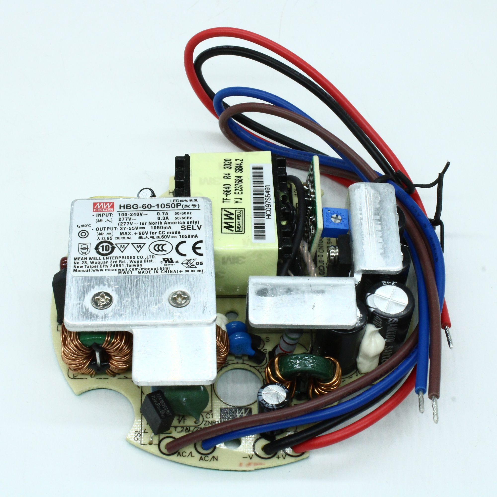 HBG-60-1050P - AC-DC, 57.8Вт, стабилизация тока, вход 90…295В AC, выход 1050мА/37...55В, изоляция 3750В AC, без корпуса 9926мм, -40…+70°С