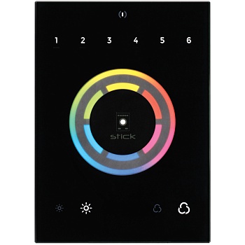 Контроллер Sunlite STICK-CU4 Black 022655 - Настенный DMX контроллер Sunlite STICK-CW4, 1024 канала, mini USB/Ethernet, ESA2 Software, материал - чёрное стекло, сенсорное управление, 20 кнопок, 36 сцен (программ), 6 зон, 106х146х10 мм, вес 200 гр. Напряже