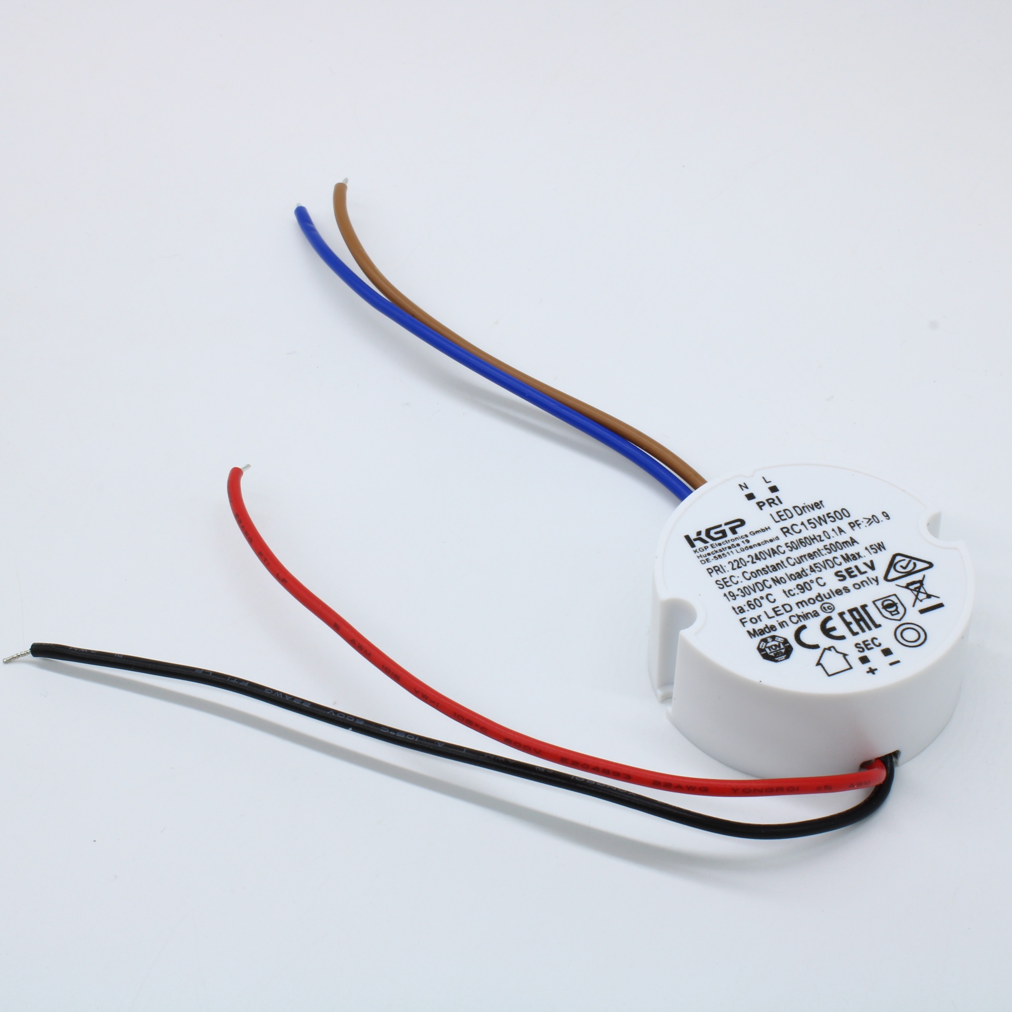 RC15W500 - AC-DC, 15Вт, токовый выход, вход 198…264В AC, выход 500мА/19…30В, ККМ, в кожухе Ф50х21мм, -20…+60°С