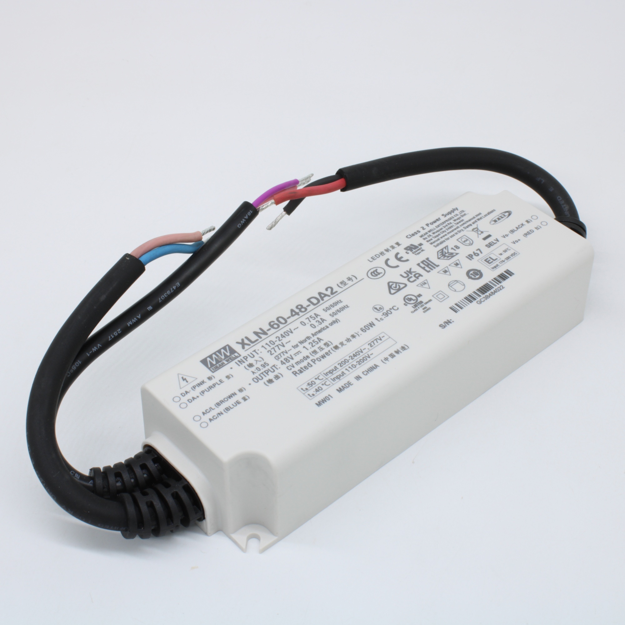 XLN-60-48-DA2 - AC-DC LED-драйвер, CV, 60Вт, вход 100…305В AC, 47…63Гц, выход 48В/1.25А, изоляция 3750В AC, DALI-2, IP67, 141.5х49х32мм, -25…+90°С