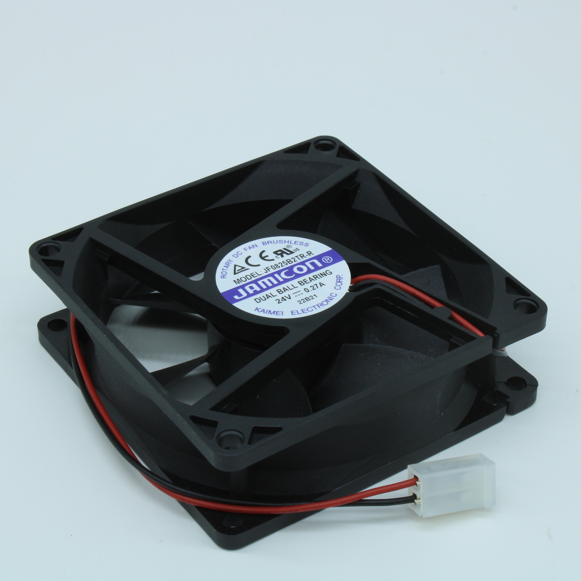 JF0825B2TR-R - Вентилятор 24В 80х80х25мм, B 4500 об/мин., 97.75м3/час, 42.4дБ, двойной подшипник качения, тип вывода - провод с разъемом