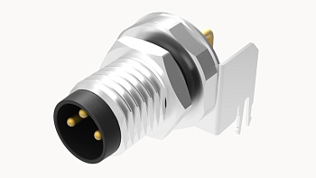 Вилочный разъем SRSH-M8B-05P-MM-SF7003 - Вилочный разъем для монтажа на печатную плату, 5 полюсов, M8, гайка спереди, угол 180 град., фиксация провода пайкой, B-Code, 3А, 30V, M10*0.75, металл