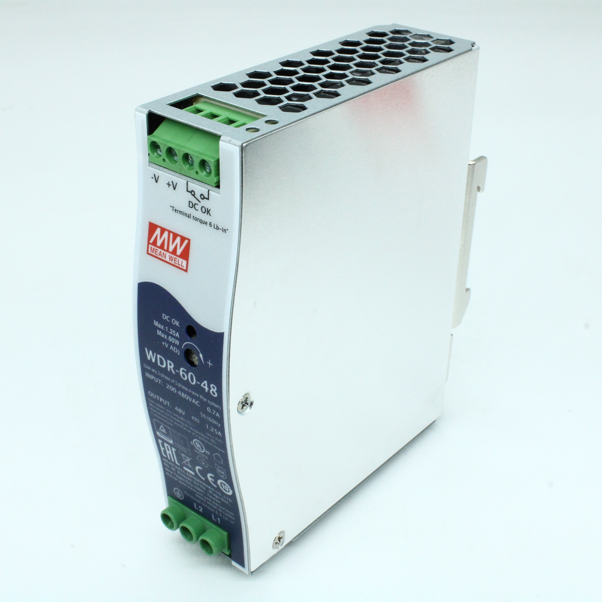 WDR-60-48 - Преобразователь AC-DC на DIN-рейку 60Вт, выход 48В/0…1.25A, рег. вых=48…57В, вход 180…550V AC, 47…63Гц /254…780V DC, изоляция 3000В AC, в кожухе 32х125.2х102мм, -30…+85°С