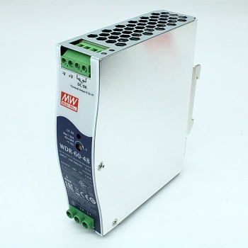 WDR-60-48 - Преобразователь AC-DC на DIN-рейку 60Вт, выход 48В/0…1.25A, рег. вых=48…57В, вход 180…550V AC, 47…63Гц /254…780V DC, изоляция 3000В AC, в кожухе 32х125.2х102мм, -30…+85°С