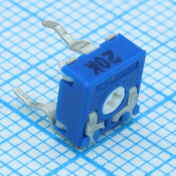 CA6XV5-20KA2020 SNP - Потенциометр с линейной характеристикой 20кОм 0.1Вт ротор - под крестообр отвер, регулировка сверху, 6,5x6,5мм, расстояние между выводами 5,0/5,0мм