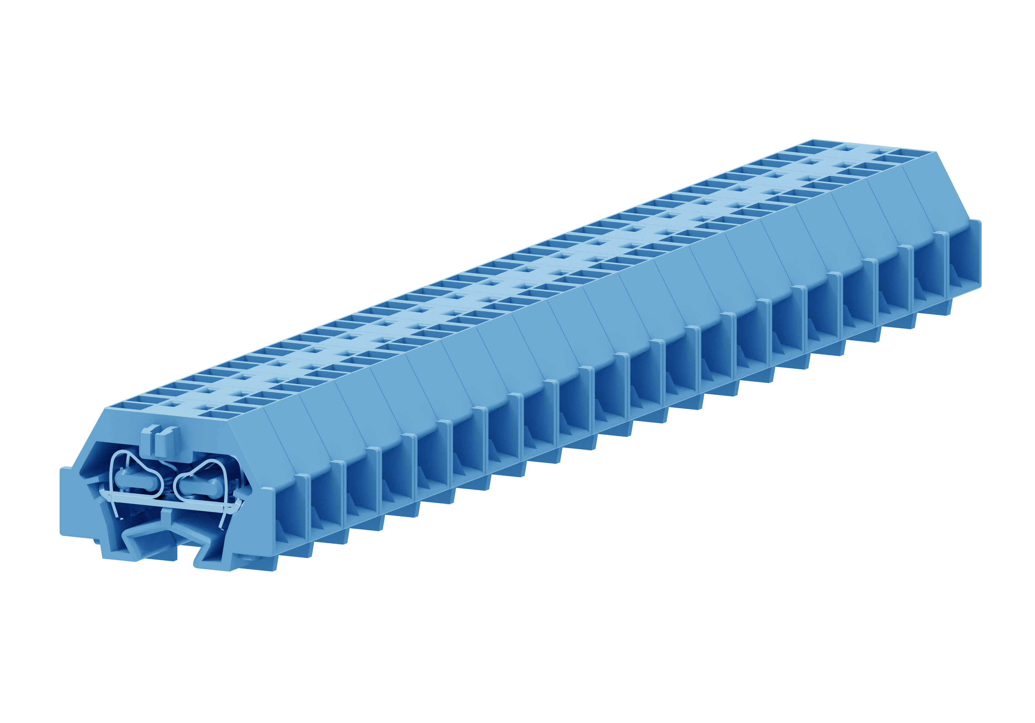 Клемма мини 240354 - Мини клемма, боковой подвод кабеля, 4 точки подключения в клемме, тип фиксации провода: пружинный, номинальное сечение: 1,5 мм кв., 18A, 400V, цвет: синий, тип монтажа: DIN15