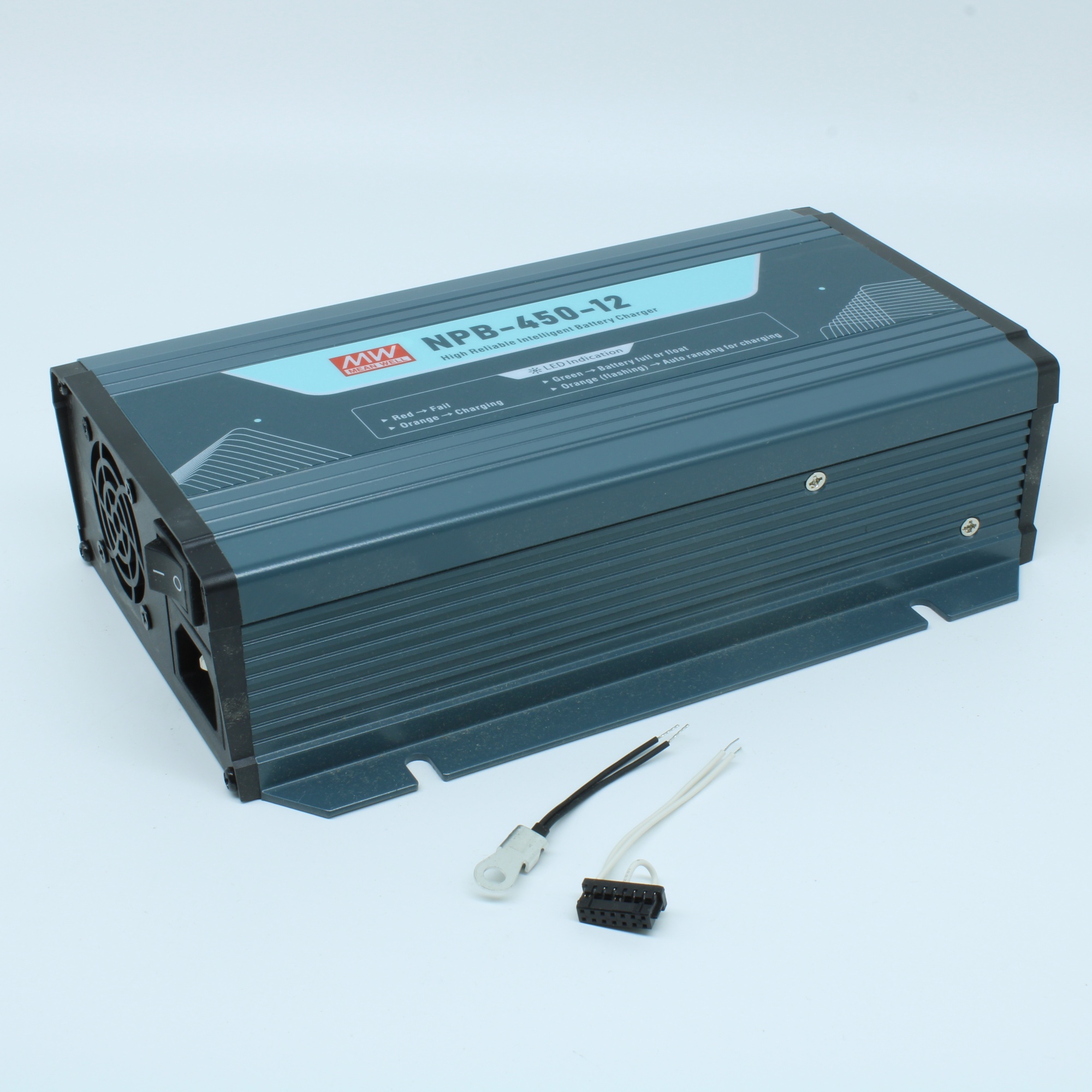 NPB-450-12 - AC/DC зарядное устройство, 14.4V/25A, вход 90…264VA C, 47…63Гц /127…370В DC, изоляция 3000В AC, PFC, CAN, программируемый, для свинцовых (обслуживаемых, гелевых, AGM) и Li-ion (Fe, Mn), 4 стадии заряда, 205*135*55мм, -30…+70°С