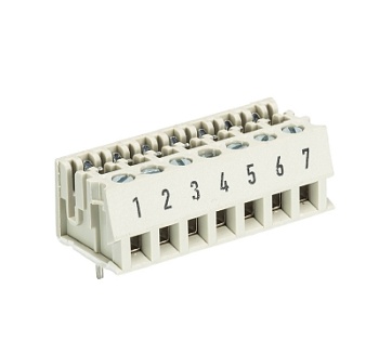 Клемма Wiecon LPSTL 1 / 7 - Клемма на торец платы, для соединения печатных плат, подвод кабеля сбоку, 7 полюсов, шаг: 5 мм, винтовая фиксация провода, с маркировкой, 250V, 5A, цвет: серый, серия LPST L1