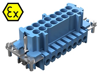 Контактная вставка 72.311.1653.9 - Вилочная контактная вставка взрывозащищенного разъема REVOS Ex, Size 16, винтовая фиксация, с защитой провода, 16 полюсов + РЕ, 90 V, до 16 A, тип покрытия контактов: золото