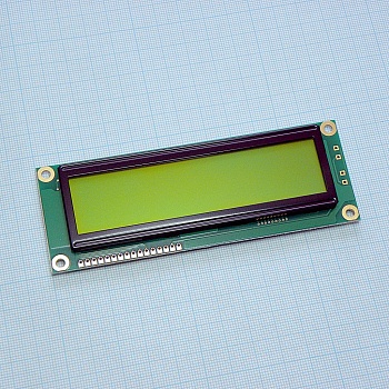 WH1602L1-NYG-CT# - ЖКИ знакосинтезирующий 16 x 2, STN Желто-зеленый Позитивный/отражающий без подсветки, размеры 122x44 мм, видимая область 99x24 мм, питание 5В, -20...70°C, контактные площадки снизу 16 выводов