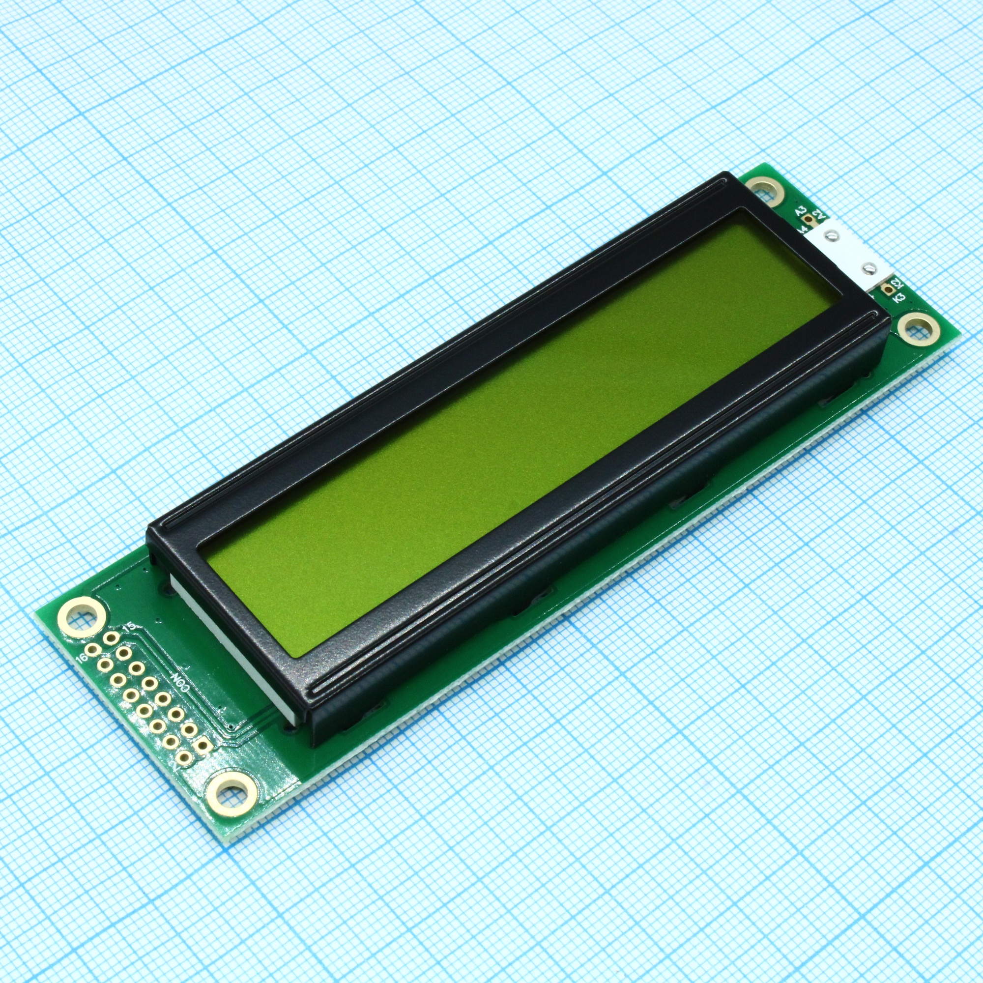 WH2002A-YYK-CT# - ЖКИ знакосинтезирующий 20 x 2, STN Желто-зеленый Позитивный/прозрачно-отражающий светодиодная подсветка желто-зеленая размеры 116x37 мм, видимая область 85x18.6 мм, -20...70°C, контактные площадки 2 ряда слева 16 выводов