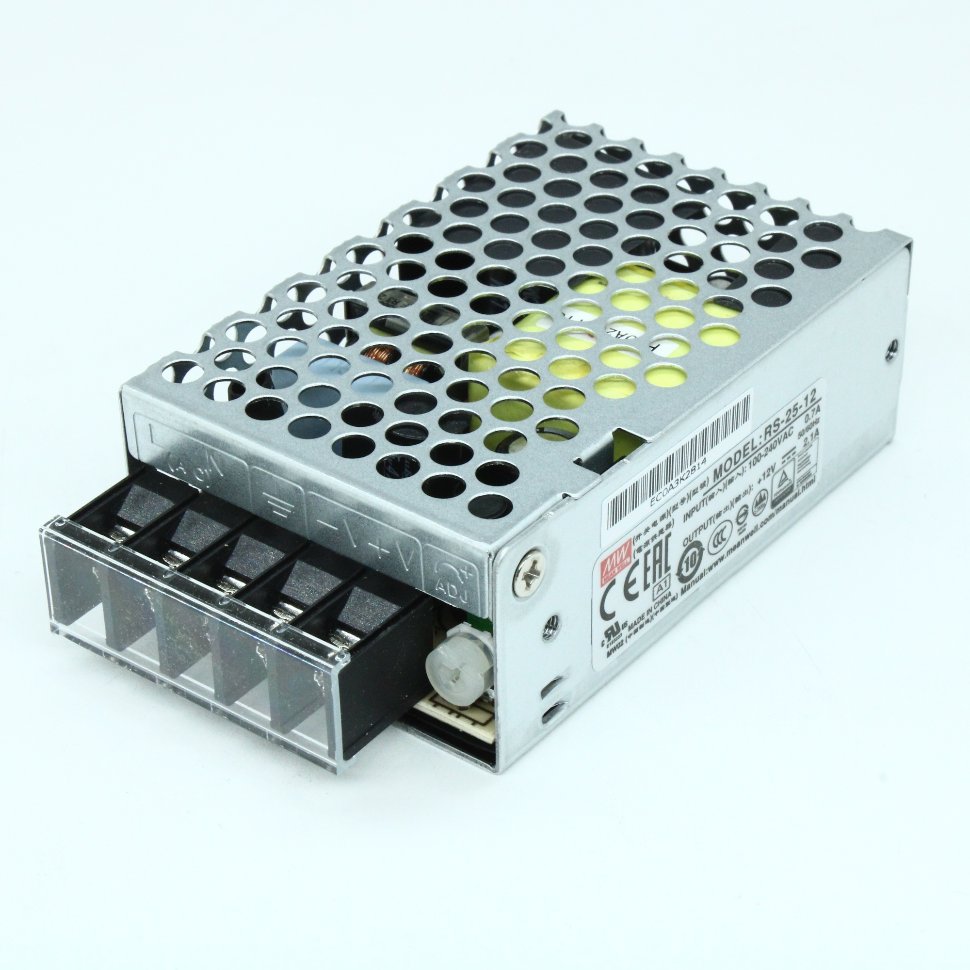 RS-25-12 - AC-DC, 25Вт, выход 12В/2.1A, рег. вых 10.8…13.2 В , вход 88…264В AC, 47…63Гц / 125…373 В DC,  изоляция 3000В AC, в кожухе 79х51х28мм, -20…+70°С