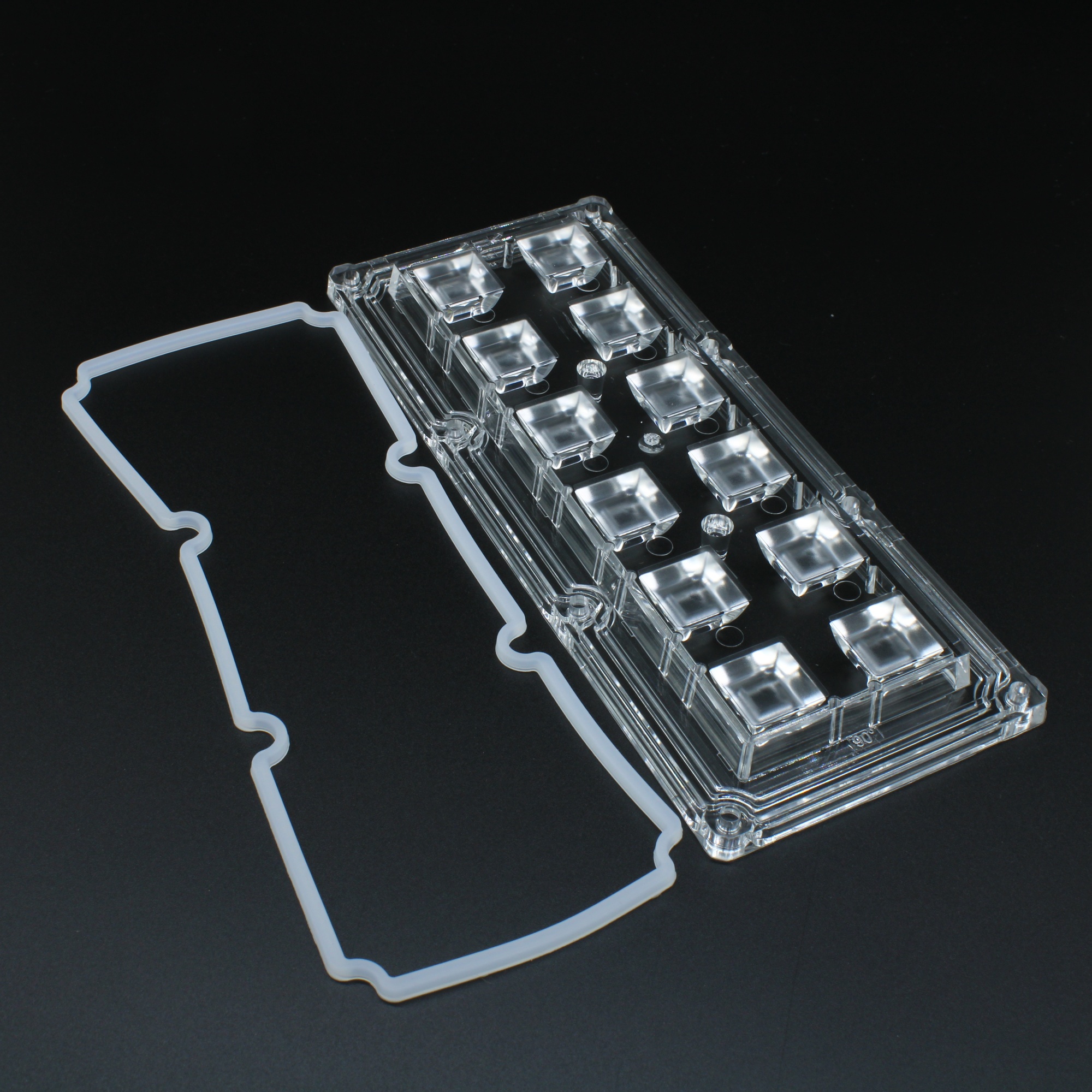 ALHB173D12LED90G-NEW - Групповая прямоугольная линза 2x6 на 12 светодиодов 3030/3535/5050, эфф=93%, 90°(квадрат), 173x71.4mm   H:11,4mm, PC,  обновленная версия.