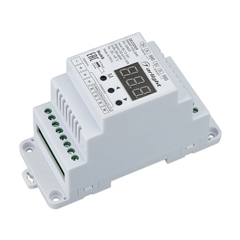 Декодер SMART-K36-DMX (12-24V, 4x5A, DIN) 028409 - Декодер DMX512 для трансляции DMX512 сигнала ШИМ(PWM) устройствам. Питание 12-24VDC. 4 канала, ток нагрузки 4x5A, мощность нагрузки 240-480W. Входной сигнал DMX512, выходной сигнал ШИМ(PWM). Цифровой дисп