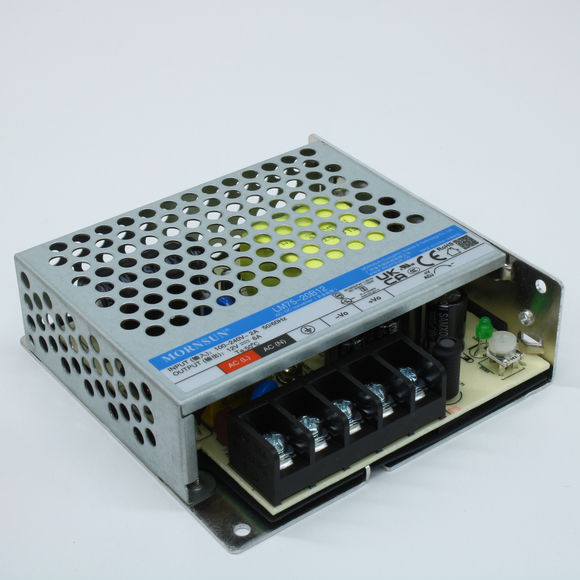 LM75-20B12 - AC-DC, 72Вт, вход 85...305В AC 47...63 Гц, выход 12В/6А, изоляция 4000В AC, в корпусе на шасси, -30...+70°C