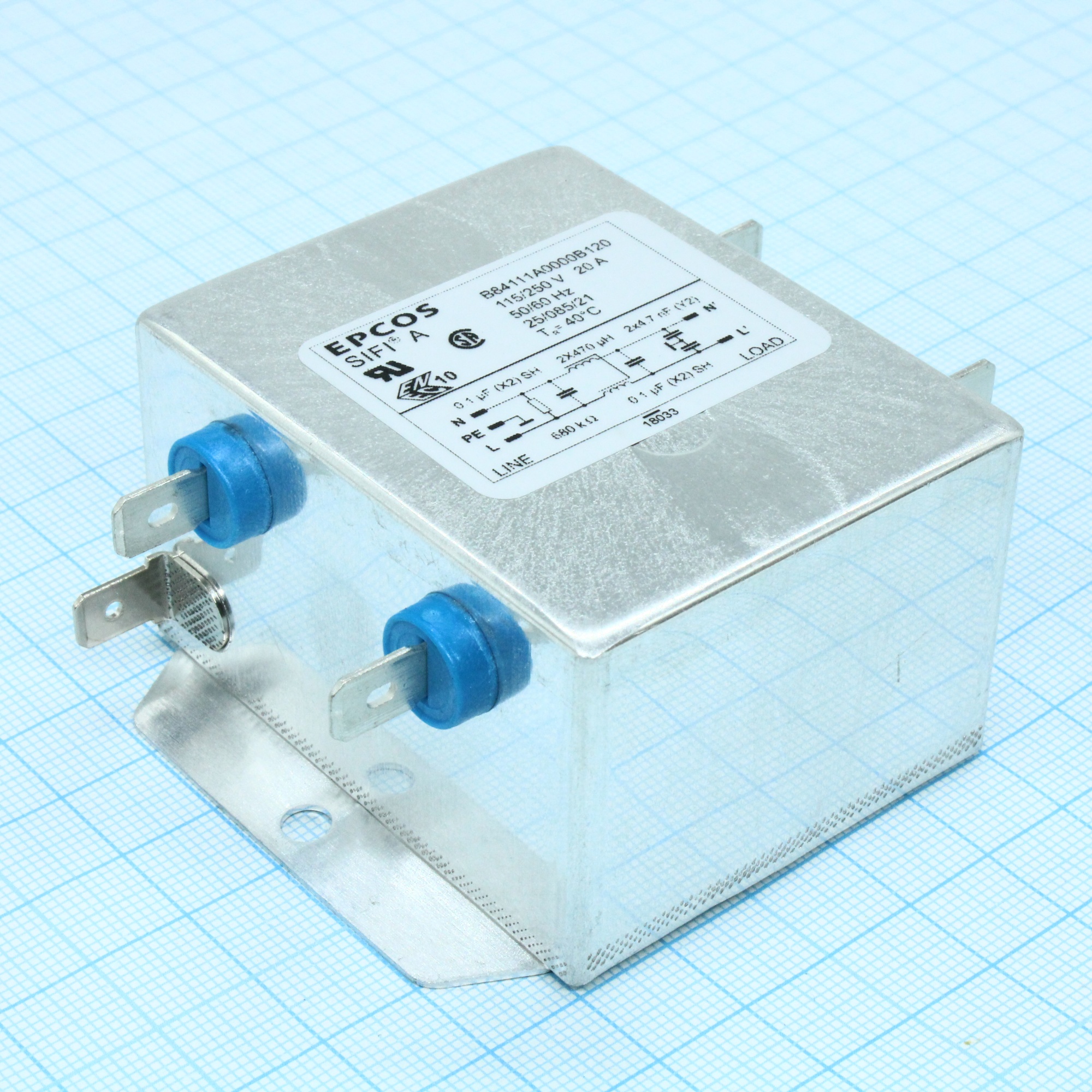 B84111A0000B120 - Сетевой фильтр 2x20A/250V, SIFI-A, 2x0.1мкФ (Х2) + 2х4700пФ (Y2), 2х0.47мГн