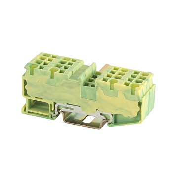 Заземляющая клемма JUT14-4/2-2PE - Заземляющая клемма, 4 точки подключения, тип фиксации провода: пружинный, номинальное сечение: 4 мм кв., 800V, ширина: 6,2 мм, цвет: желто-зеленый, тип монтажа: DIN35