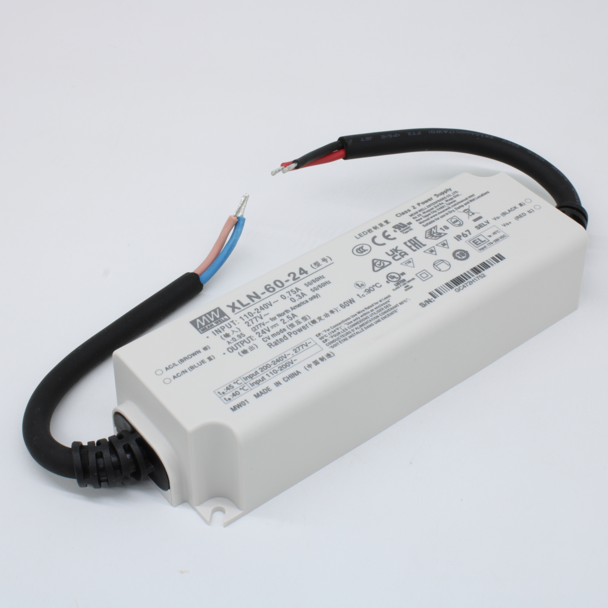 XLN-60-24 - AC-DC LED-драйвер, CV, 60Вт, вход 100…305В AC, 47…63Гц, выход 24В/2.5А, изоляция 3750В AC, IP67, 141.5х49х32мм, -25…+90°С