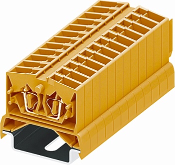 Клемма мини 254372 - Мини клемма, верхний подвод кабеля, 2 точки подключения в клемме, тип фиксации провода: пружинный, номинальное сечение: 2,5 мм кв., 24A, 800V, цвет: оранжевый, тип монтажа: DIN35